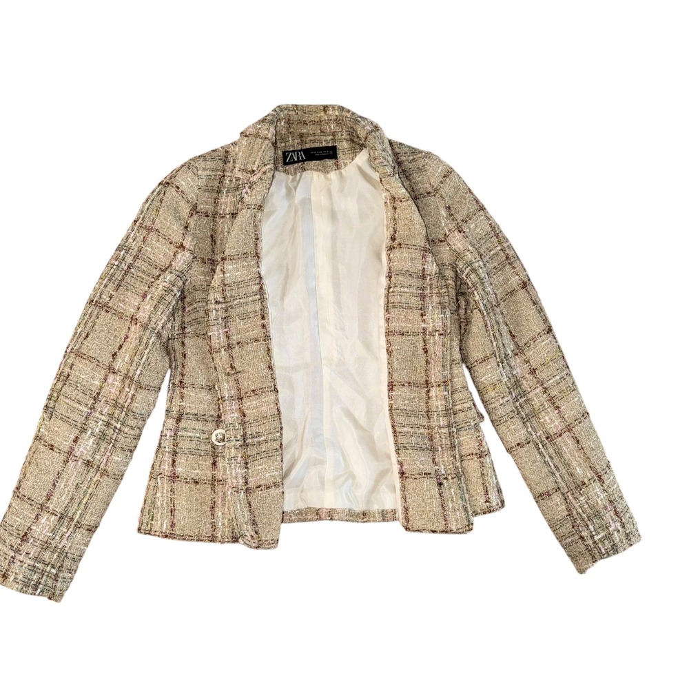 Zara Tweed Plaid Blazer Jacket XS Metallic Gold Buttons Quiet Luxury - Picture 7 of 9